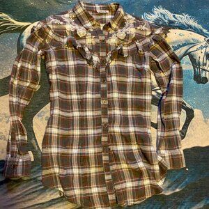 Lola P Flannel Embroidered Ruffle Plaid Cowgirl Shirt